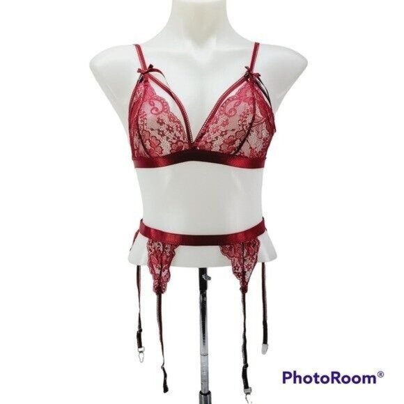 * Avidlove small bra garter set floral lace sexy set bow detail burgendy c… - Picture 2 of 11